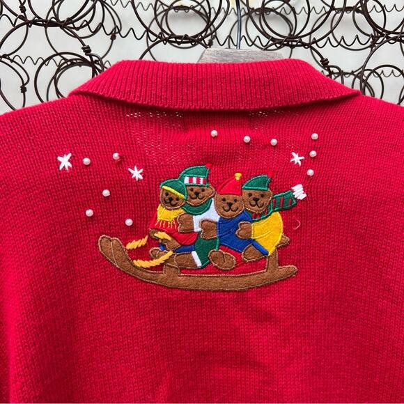 Vintage 90s Ugly Christmas sweater cardigan sledding teddy bears Americana bold - Picture 4 of 6